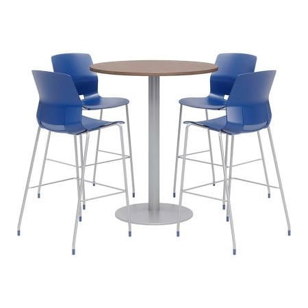 Kfi KFI 36" Round Bistro Table & 4 Barstool Set, Studio Teak Table With Navy Stools OLTFL36RD-B1922-SL-41-7960K-4-OL2700BR-